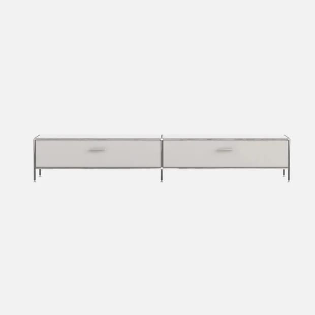 화이트 컬러 서랍과 실버 프레임으로 구성된 2x1 TV Unit 제품 이미지 