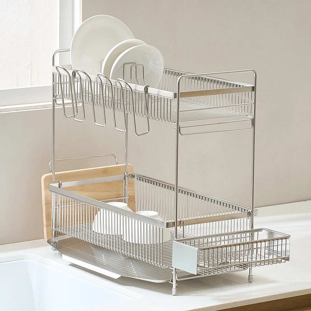 [리본제이] 무디타 304 스텐 2단 물빠짐 무연마제 식기건조대 슬림형