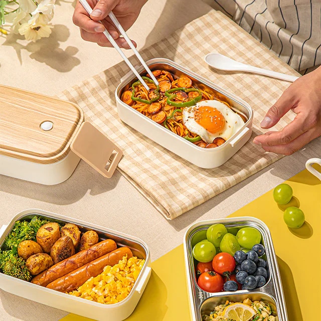 화이트 스텐 2단 도시락 런치박스